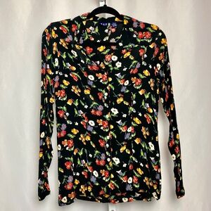Gap Womenʻs 100% Rayon Black Floral Button Up Long Sleeve Blouse XS